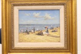 'Beach Scene', oil on board, signed Hamilton, framed. Image 24 x 19.5 cm.