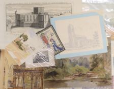 A quantity of unframed topographical pictures, pencil and wash drawings, watercolours and prints.