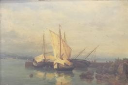 19TH CENTURY SCHOOL, 'Fishing Boats in a Harbour', oil on panel, indistinctly signed, framed.