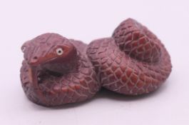 A hardwood netsuke formed as a snake. 5 cm long.