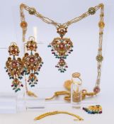 An Indian 22 ct gold gem-set wedding jewellery set comprising a pendant necklace,