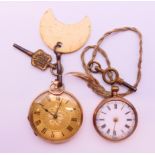 Two 14 ct gold fob watches. The larger 3.5 cm diameter. 51.2 grammes total weight.