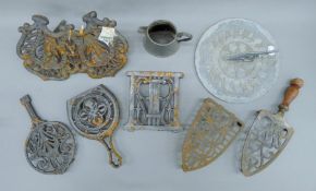 A quantity of metalware and a box of old tools, including planes, a sundial etc.
