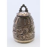 A Chinese sterling silver bell-form pepper decorated with dragons. 6 cm high.