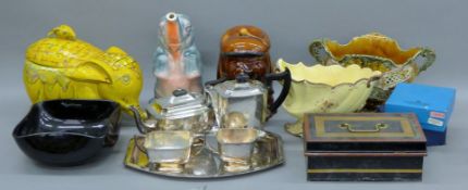 Two boxes of various porcelain and metalware. The grey elephant jug 29 cm high.