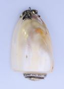 A white metal mounted lidded shell scent bottle. 8.5 cm high.