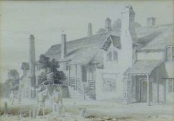 'Figure Before a Cottage', pencil and watercolour,