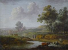 19TH CENTURY SCHOOL, 'Country Scene with Cattle and Sheep', oil on canvas, framed. 29 x 39.5 cm.