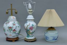 Three Chinese porcelain table lamps. The largest 40 cm high overall.