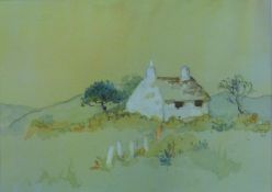 'Cottage', watercolour, framed and glazed and a framed tapestry of a 'Geisha'.