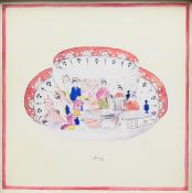 A print of an antique Chinese tea bowl and saucer, framed and glazed. Image 17 x 17 cm.