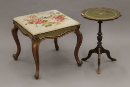 A Victorian walnut stool and a wine table. The stool 47 cm square.