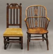A 19th century elm-seated Windsor chair and an oak slat back chair. The former 56 cm wide.