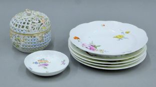 Four Minton painted porcelain plates, a Meissen saucer and a Dresden lidded bowl.