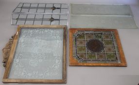 A quantity of leaded, stained and etched glass panels. The largest 98 x 78 cm overall.