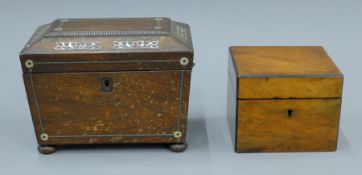 A Victorian mother-of-pearl inlaid tea caddy and a Victorian walnut tea caddy.