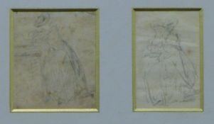 A pair of pencil sketches of a 'Women in Flowing Dresses', housed in a common glazed frame. 26 x 33.