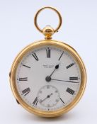 An 18 ct gold open faced pocket watch by Thomas Cook of London. 5 cm diameter. 116.