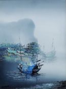 TOM WONG, 'Junks on the River', oil on board, signed, framed. Image 59.5 x 44 cm.