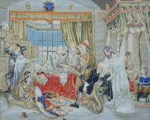 A framed tapestry of a Cromwellian scene. 83 x 102 cm overall.