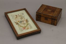 A Victorian inlaid walnut writing box and a tapestry inset stand. The former 29.5 cm wide.
