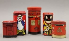 Five vintage tin pillar box money boxes. The largest 14 cm high.