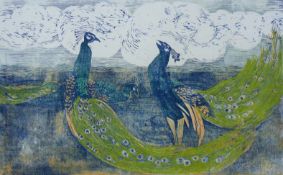 HALL, PAULINE (1917-2007) British (AR), Peacocks, etching, signed, unframed. 33 x 53 cm.