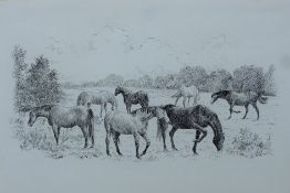 PERKINS, BEN (1932-2022) British (AR), Ponies Grazing at Peticote Meadow in the Summer, ink,