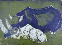 HALL, PAULINE (1917-2007) British (AR), Rhino with Calf, artist's proof, etching, signed, unframed.