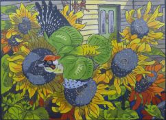 HASLEN, ANDREW (born 1953) British (AR), Woodpecker and Sunflowers, hand coloured linocut,