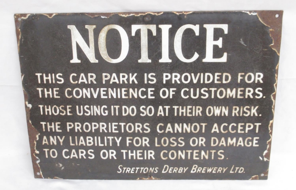 Car Park Notice metal plate enamel sign from the Strettons Derby Brewery Ltd., 50.7cm x 35.5cm