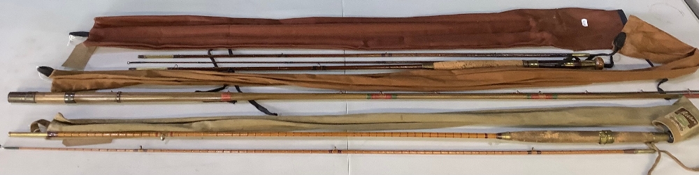 Unnamed three section fly rod, Greenhart two section fly rod and a Milbro split cane fly rod, all