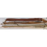Unnamed three section fly rod, Greenhart two section fly rod and a Milbro split cane fly rod, all