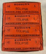 SHOTGUN CERTIFICATE REQUIRED- Four boxes of Vintage Rossons 12 Bore shotgun cartridges, 6 shot, in