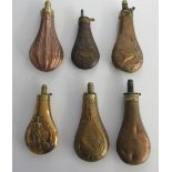 Six C19th copper and brass powder flasks with various decoration including hunting scenes A/F