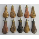 Collection of ten C19th copper and brass powder flasks with various styles and decoration A/F