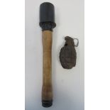 One inert British Mills hand grenade (no base plug present) and one inert German stick grenade (2)