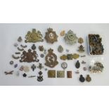 Large collection of military cap badges, metal badges and brass buttons, Hampshire 1st Volunteer