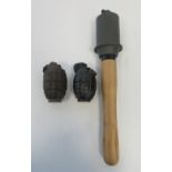 Three inert hand grenades, two British Mills hand grenade one with No.51 base plug and one German