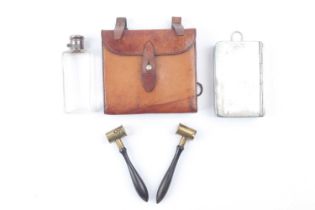 A vintage leather cased sandwich box and flask set by James Dixon & Sons, together with two ebony