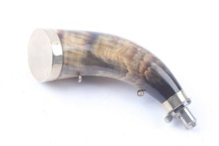 Large polished cow horn powder flask with plated mounts stamped James Dixon & Sons Sheffield, two