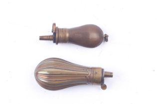 Small copper and brass pistol powder flask stamped Sykes with external spring and suspension