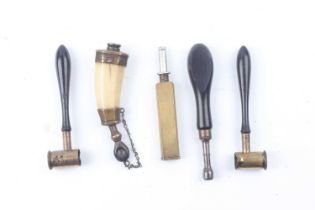 Brass mounted octagonal horn pistol powder flask with chained filler stop and brass refill plug to