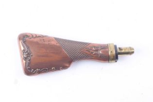Copper and brass powder flask stamped James Dixon & Sons with embossed decoration to the shoulder