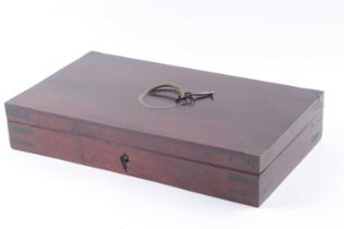 A mahogany pistol case for restoration, with inset brass ring handle and campaign furniture, nominal