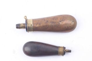 Brass mounted copper bag shaped pistol powder flask stamped Frith Patent and monogrammed ALS, with
