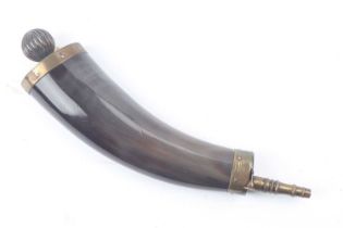 Large polished horn powder flask with brass mounts and cannon barrel nozzle, brass base with