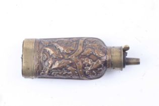 Brass three way pistol powder flask with embossed oak leaf decoration