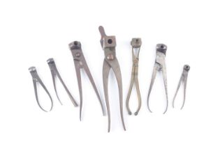 Assorted period bullet moulds comprising 16 bore scissor ball mould; 18 bore improved belted ball