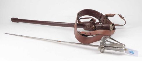 Indian P1827 sword, 31 ins etched blade, plain steel hilt, in leather scabbard with frog and belt